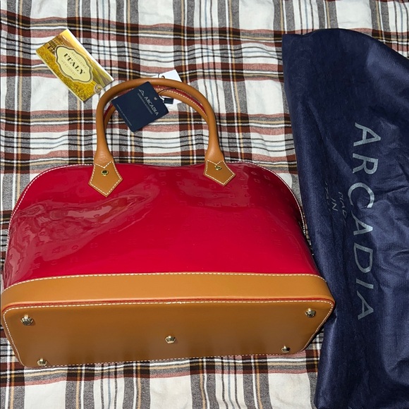 7 Inch Phoenix Arcadia Leather Satchel in Cherry Red Arcadia  Arcadia Glossy Red and Tan Satchel